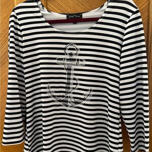 Slinky Brand Black and White Striped Anchor Top